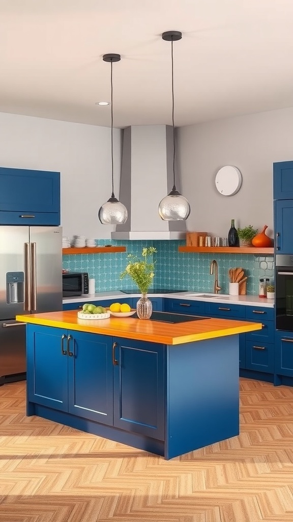 A colorful blue kitchen island with a wooden top, surrounded by modern kitchen features.