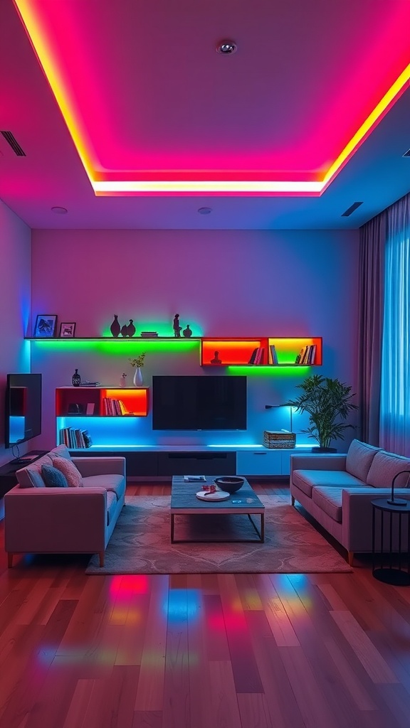 A modern living room with colorful LED strip lighting on the ceiling and shelves.