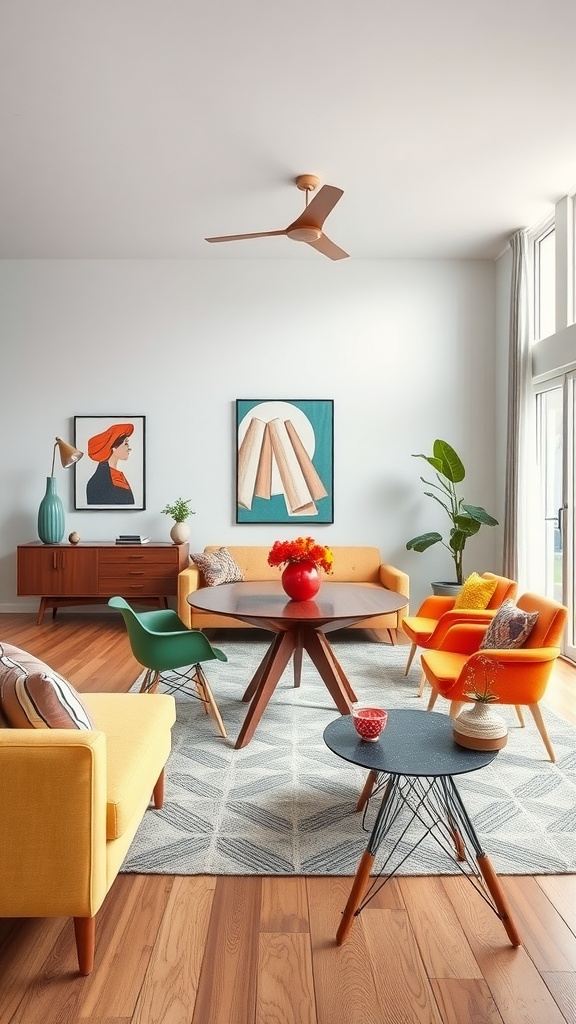 A colorful mid-century modern living room with a round wooden table, bright chairs, and vibrant artwork.