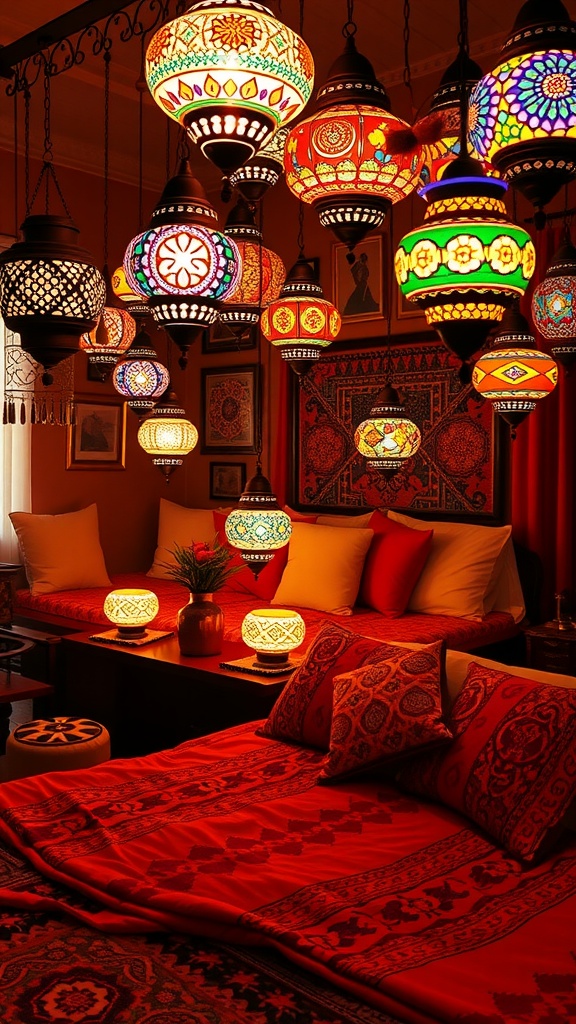 A collection of colorful Moroccan lanterns hanging in a cozy boho bedroom, casting warm light over a vibrant decor.