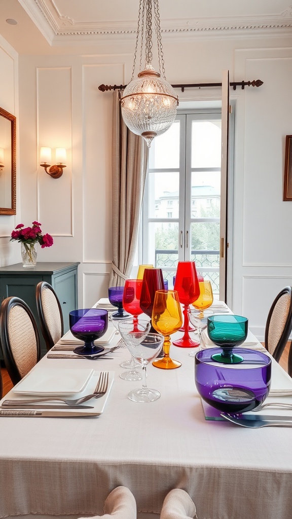 A beautifully set dining table featuring colorful Murano glassware in shades of purple, yellow, and orange.