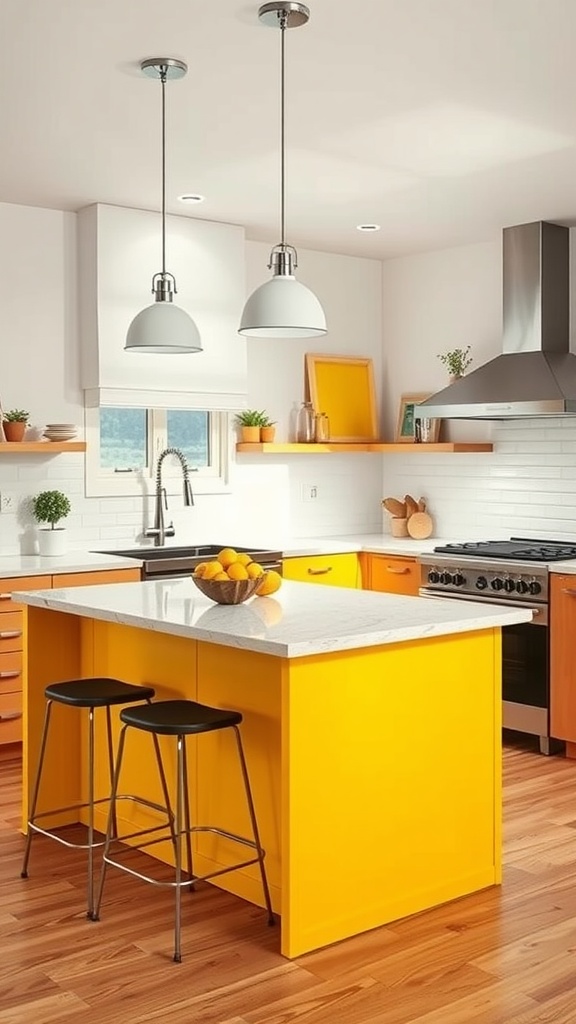 A modern kitchen featuring a bright yellow peninsula and stylish bar stools.