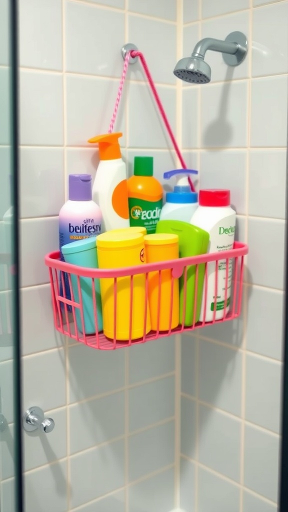 A bright pink shower caddy filled with colorful bottles hanging in a shower.