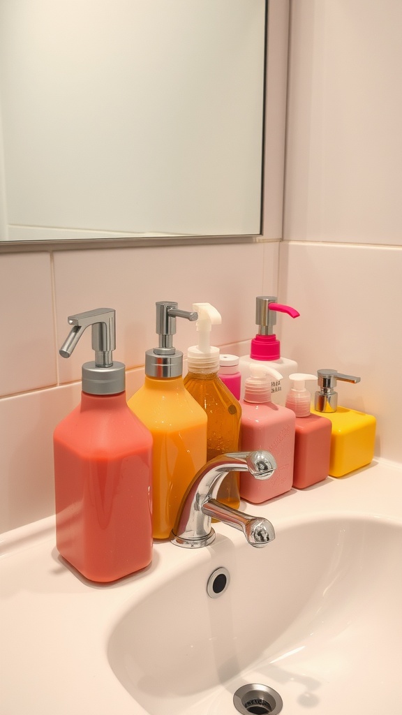 Colorful soap dispensers in various shapes and sizes on a bathroom sink