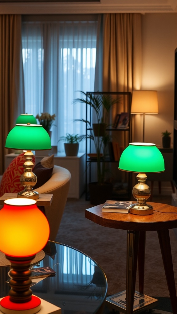 Colorful table lamps in a living room setting with green and red lighting.