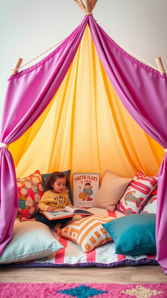 A child reading inside a colorful tent filled with cushions