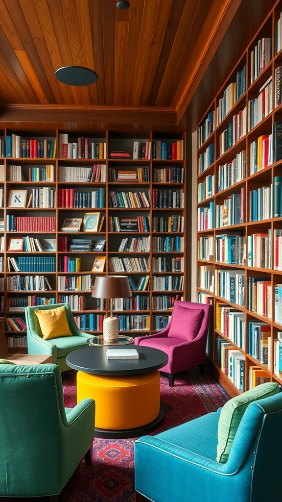 A vibrant home library corner with colorful upholstered chairs, a round table, and filled bookshelves.