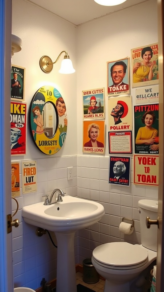 A cozy bathroom with colorful vintage posters on the walls and a mirror