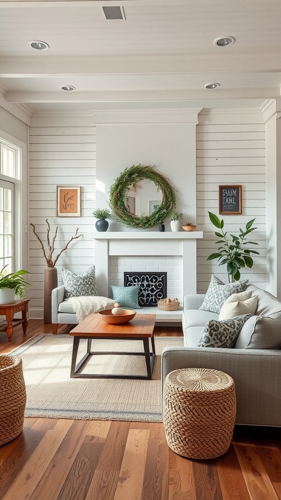 Cozy farmhouse living room with shiplap walls, modern sofas, and rustic decor