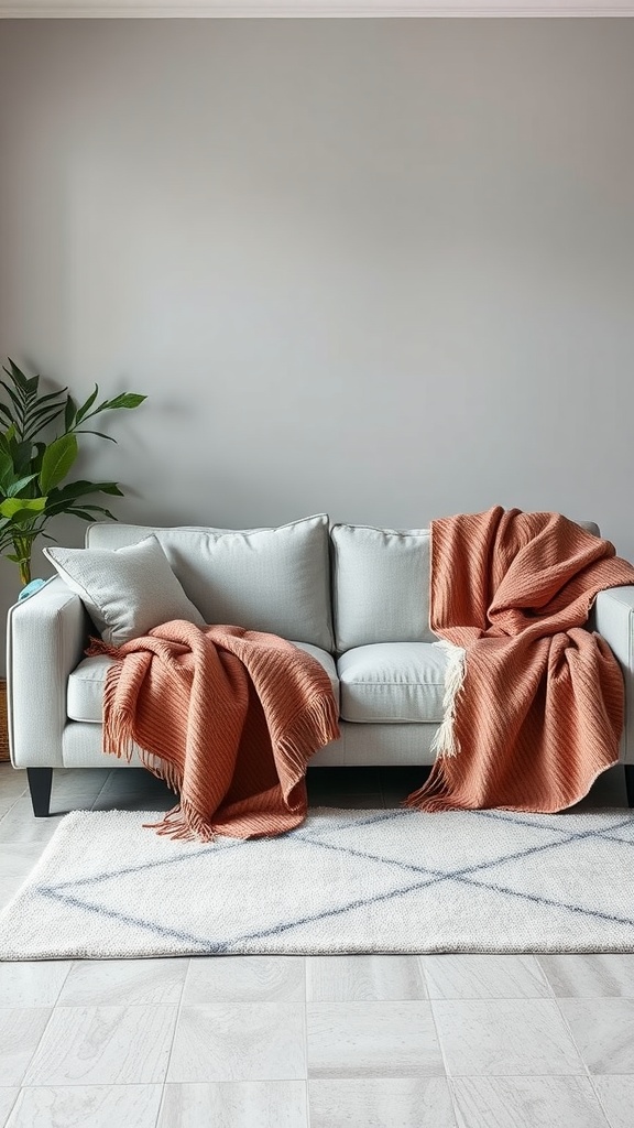A light grey sofa with rust-colored throw blankets and a geometric rug in a modern farmhouse living room