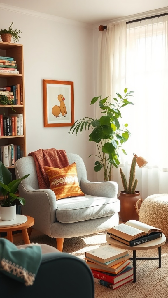 A cozy reading nook with a gray armchair, colorful cushions, and a bookshelf filled with books.