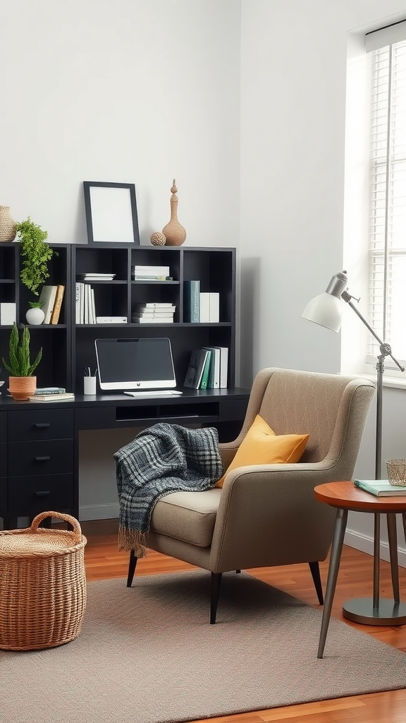 Cozy fall home office with a comfortable armchair, a small side table, and a neatly organized workspace.