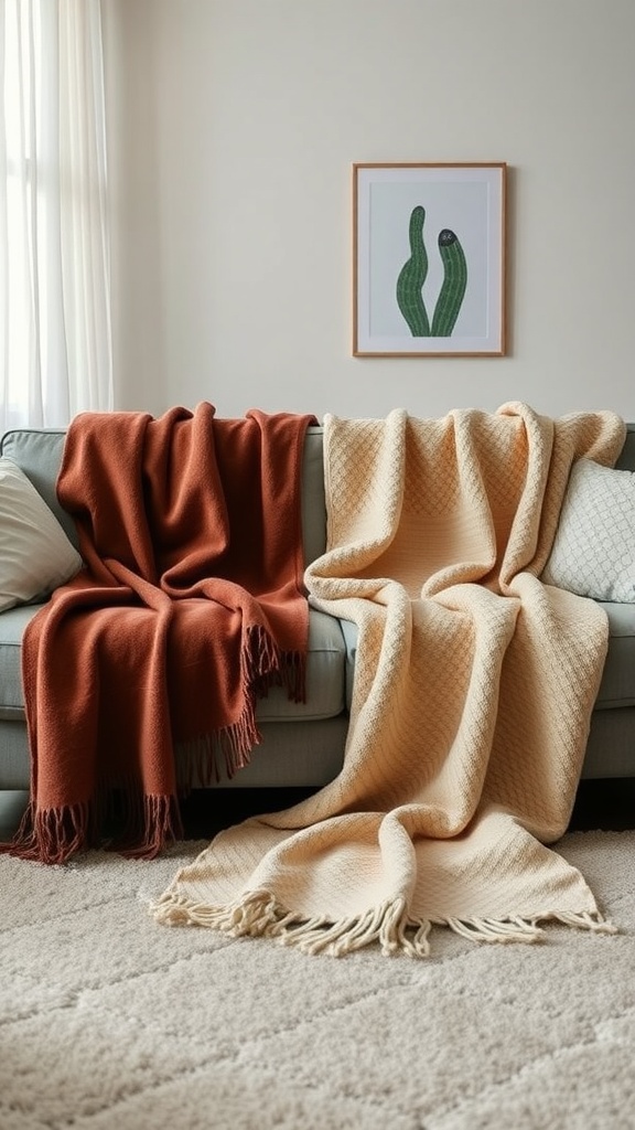 Cozy throw blankets in rust and cream colors on a couch, with framed cactus art on the wall.
