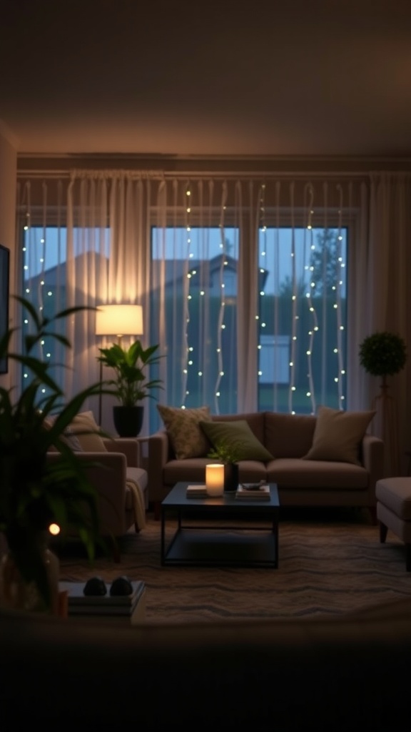 A cozy living room with soft lighting from fairy lights and a lamp, featuring plants and a candle on the coffee table.