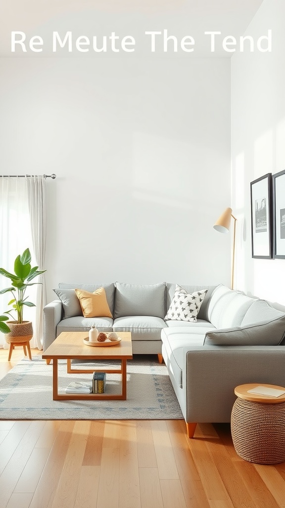 A modern farmhouse living room with a comfy gray sectional, wooden coffee table, and decorative pillows.