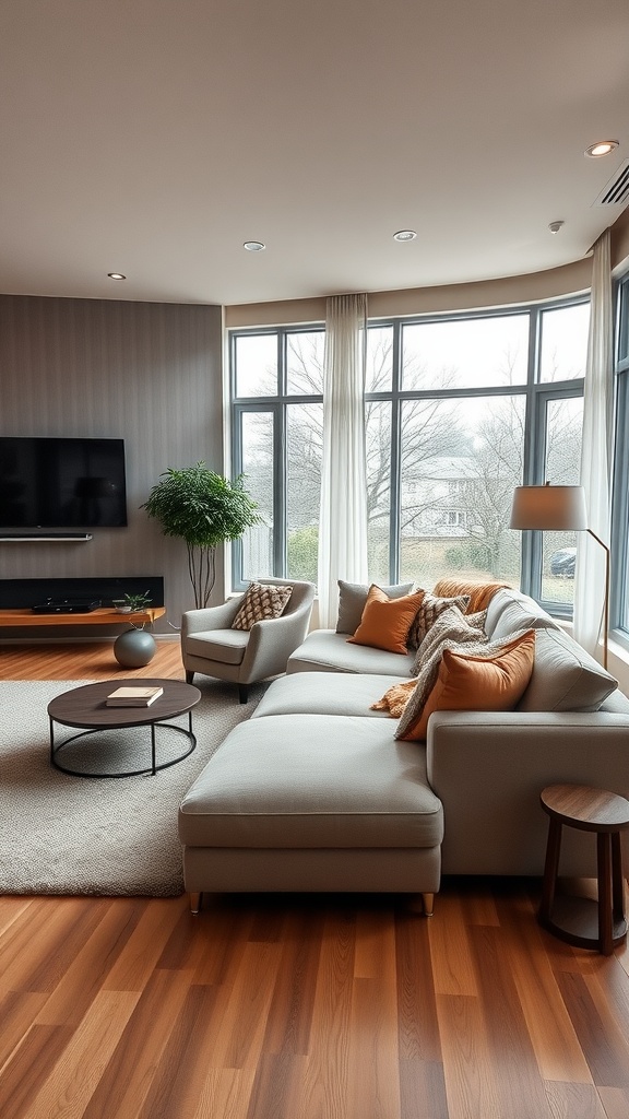 Cozy living room with a sectional sofa, light colors, and large windows