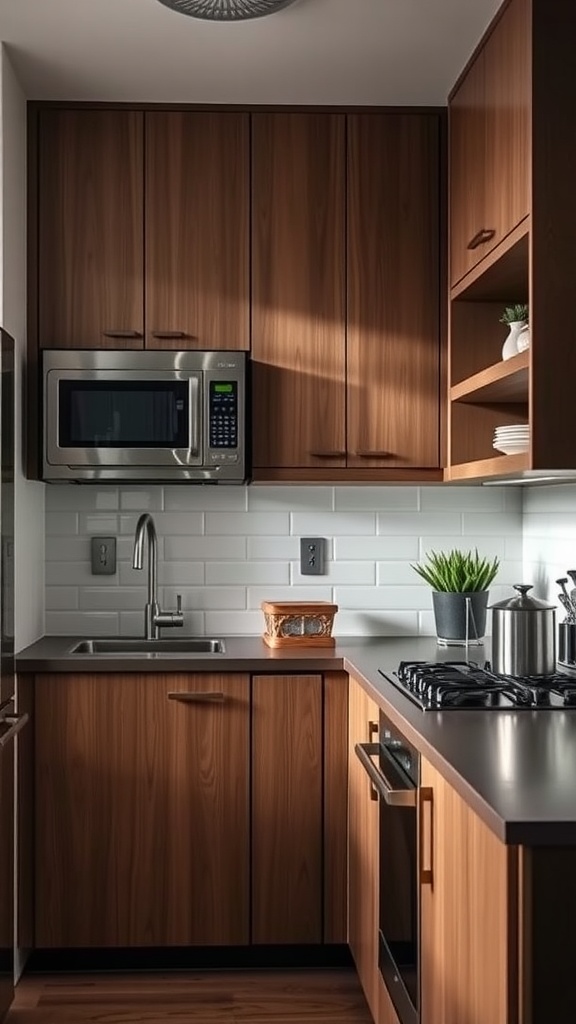 A modern small kitchen featuring compact appliances and efficient layout.