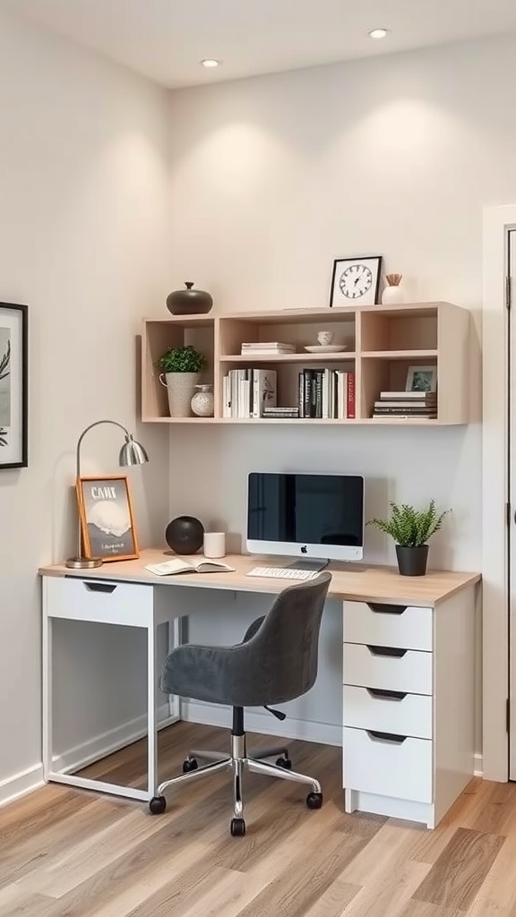 A compact corner desk setup featuring a modern desk, a chair, a monitor, and open shelving with decorative items.