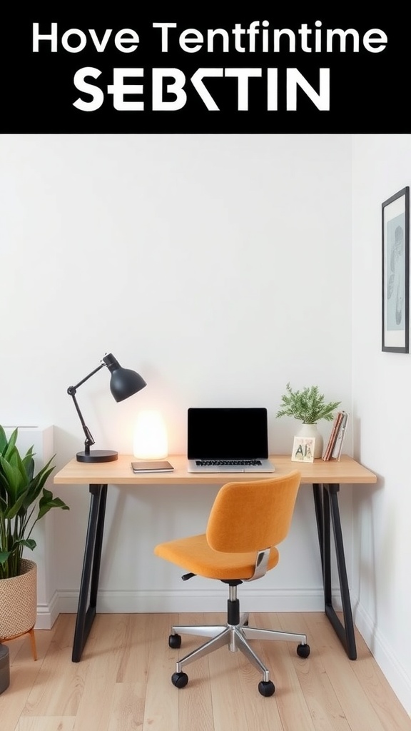 Compact home office with a light wood desk, laptop, orange chair, and decorative items.