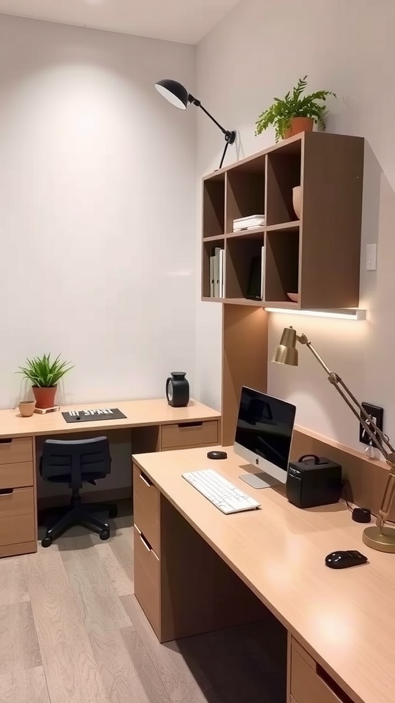 A modern double desk setup in a small home office with shared storage solutions