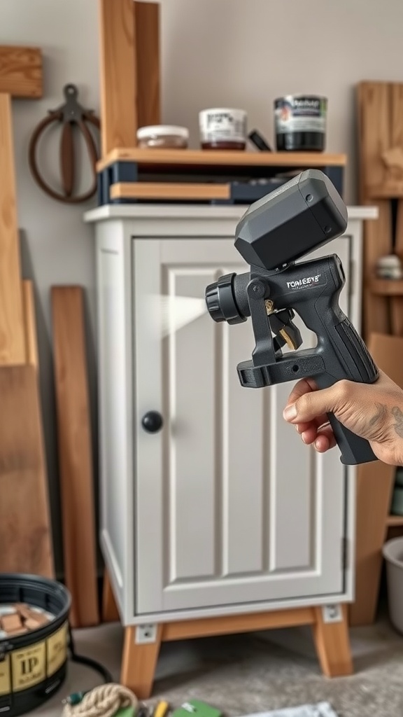 A person holding a compact handheld paint sprayer in front of a freshly painted cabinet