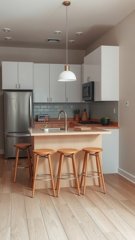 A modern compact kitchen island with wooden stools and light fixture in a small kitchen space.