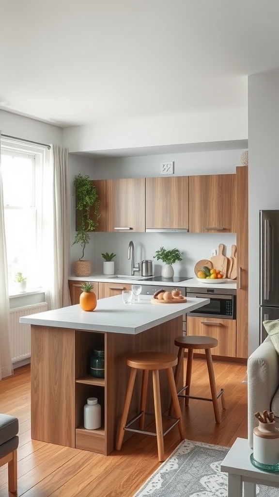 A compact kitchen with a stylish kitchen island, featuring wooden cabinets and natural light.