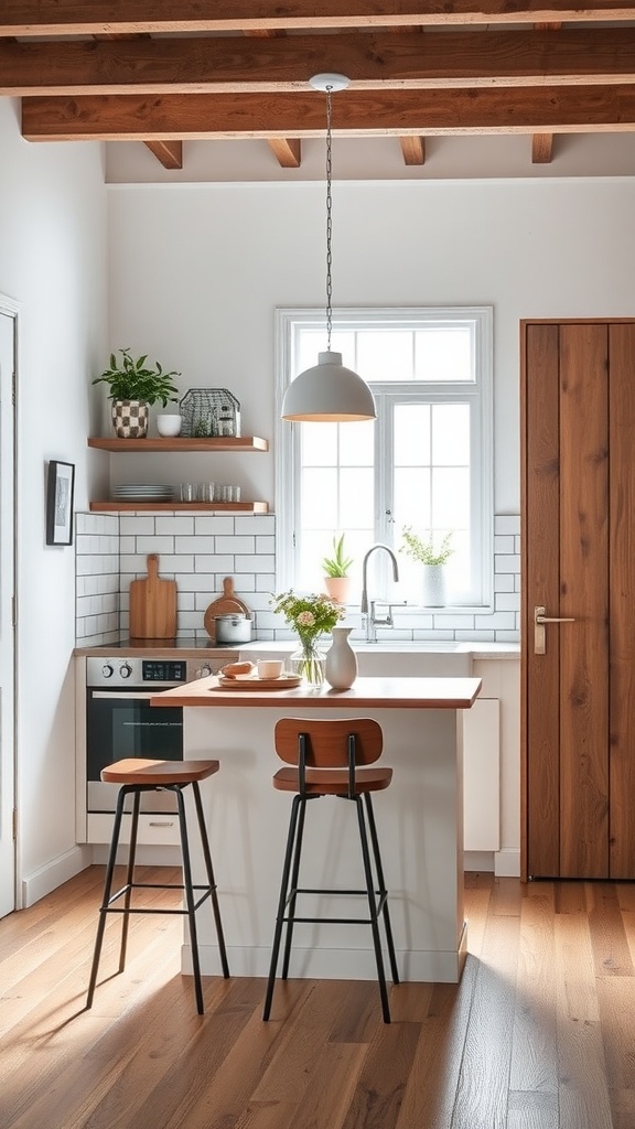 A modern compact kitchen island with storage in a small apartment kitchen