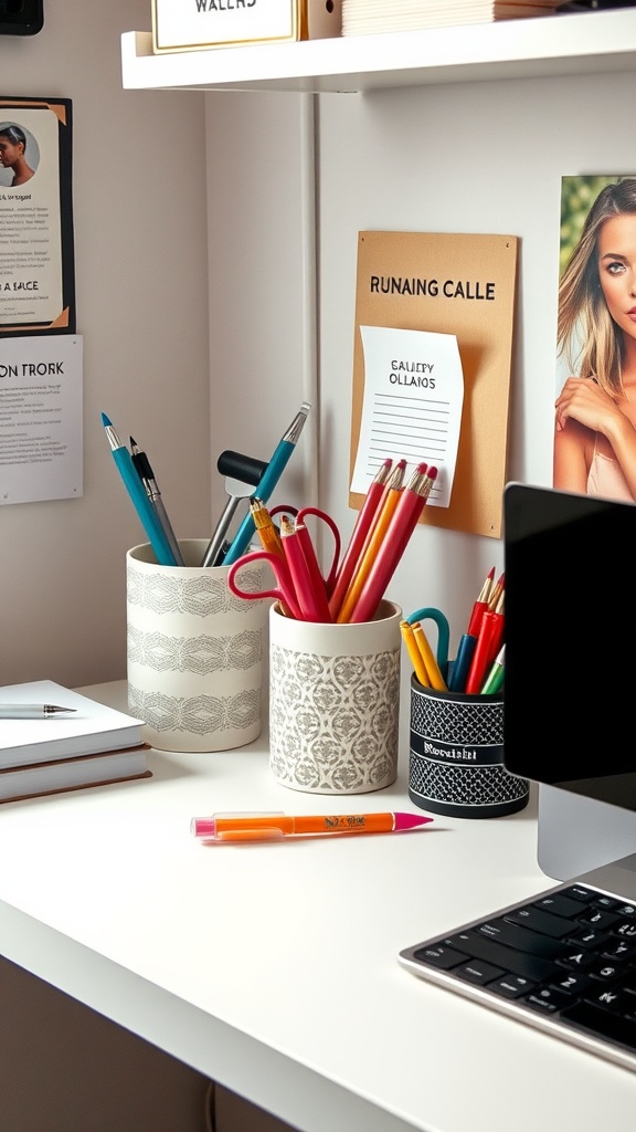 A compact home office setup featuring organized pens, notebooks, and wall organizers