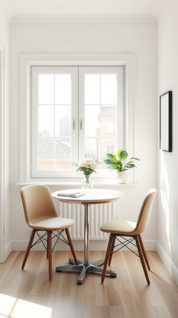 A compact round dining table with two chairs, positioned near a sunny window, decorated with a small vase and a plant.