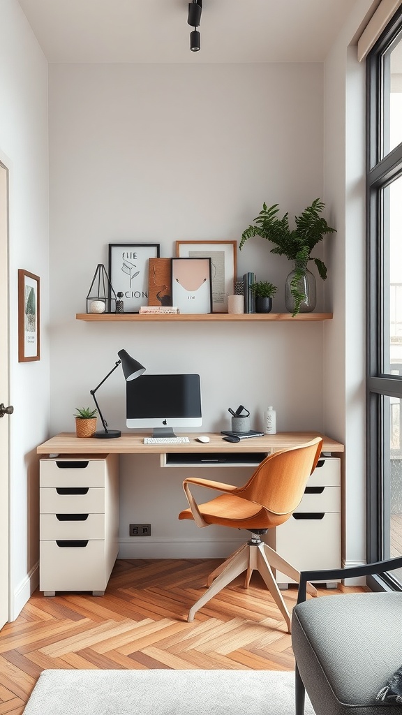 A modern compact urban office featuring a desk with a computer, an orange chair, and framed artwork on the wall.