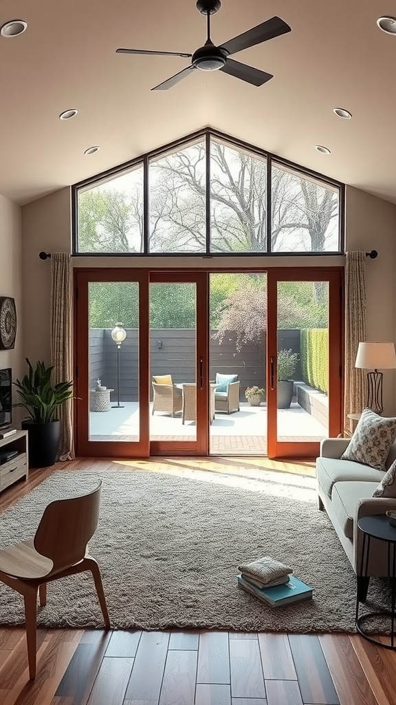 Bright living room with large glass doors leading to an outdoor space, featuring cozy furniture and a plush rug.