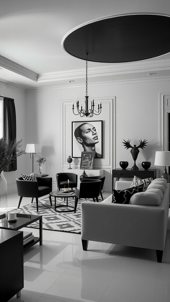 A contemporary living room-dining room combo featuring black and white decor, elegant furniture, and modern art.