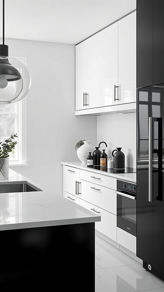 A contemporary black and white small modern kitchen featuring sleek cabinets, a stylish island, and minimalistic decor.