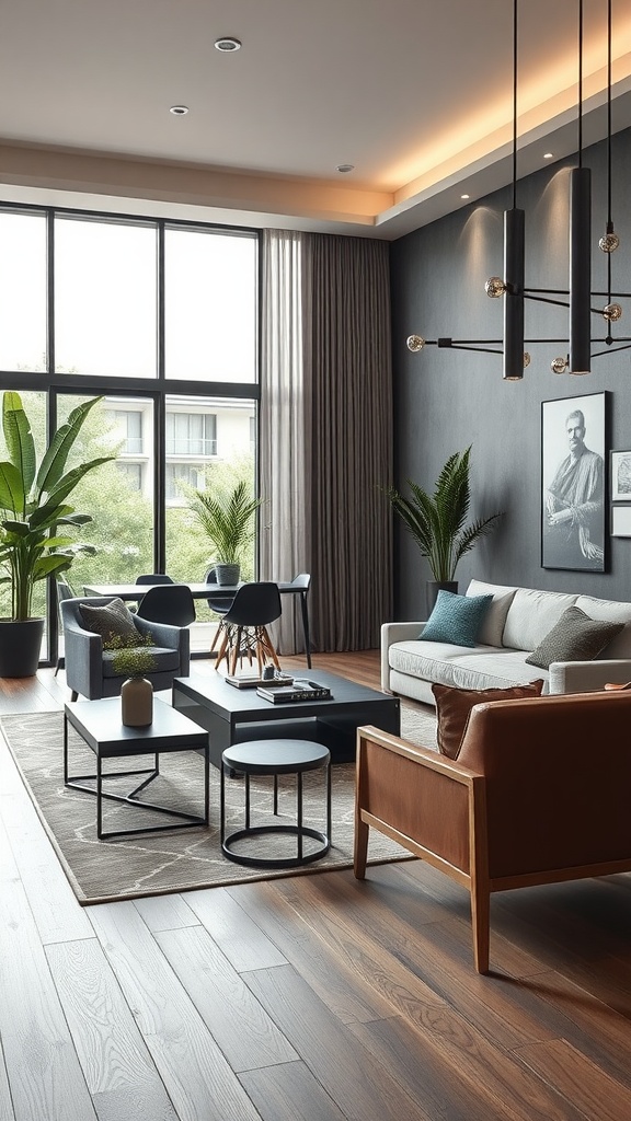 A contemporary living room and dining room combo featuring modern furniture, plants, and large windows.