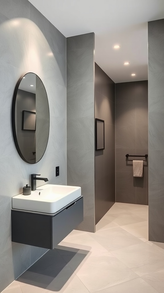 Modern gray and white bathroom featuring a stylish round mirror and sleek cabinetry.
