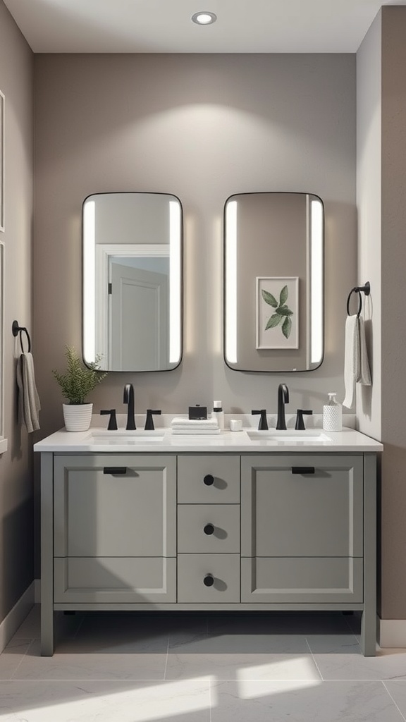 Contemporary gray vanity with double sinks and modern mirrors in a stylish bathroom setting.