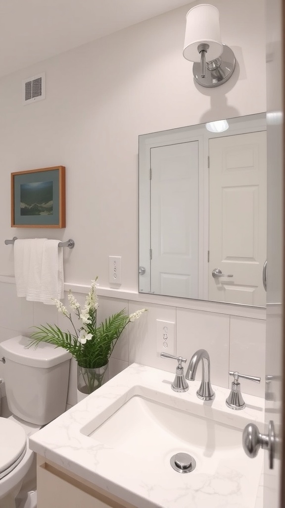 A modern bathroom featuring sleek fixtures, a wall sconce, and a minimalist design.