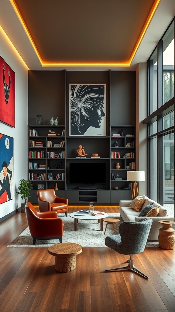 A contemporary library with bold art installations, featuring modern furniture, warm lighting, and a cozy atmosphere.