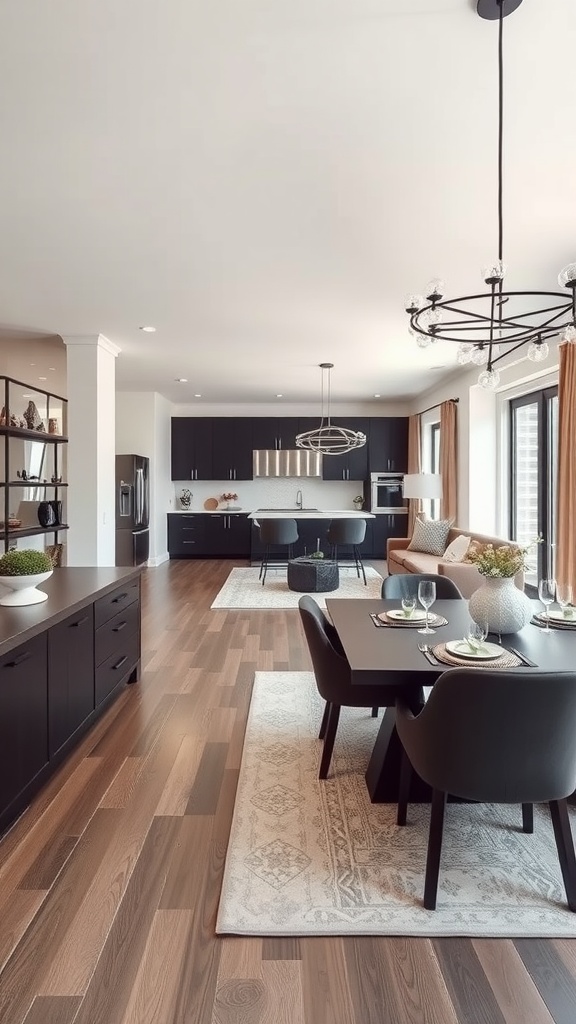 A chic dining area featuring a contemporary open-concept design with a sleek black dining table, stylish chairs, and modern lighting.