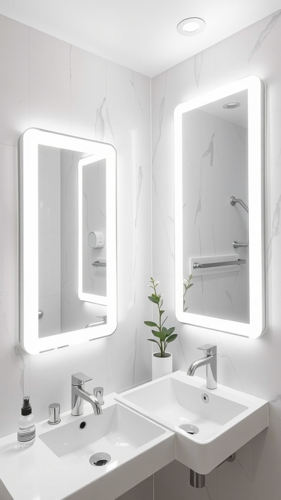 Contemporary white lighted mirrors over a modern double sink in a gray and white bathroom