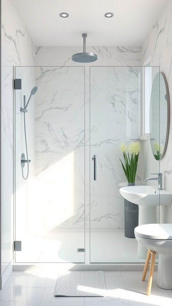 A contemporary bathroom featuring white shower doors, marble walls, and gray floor.