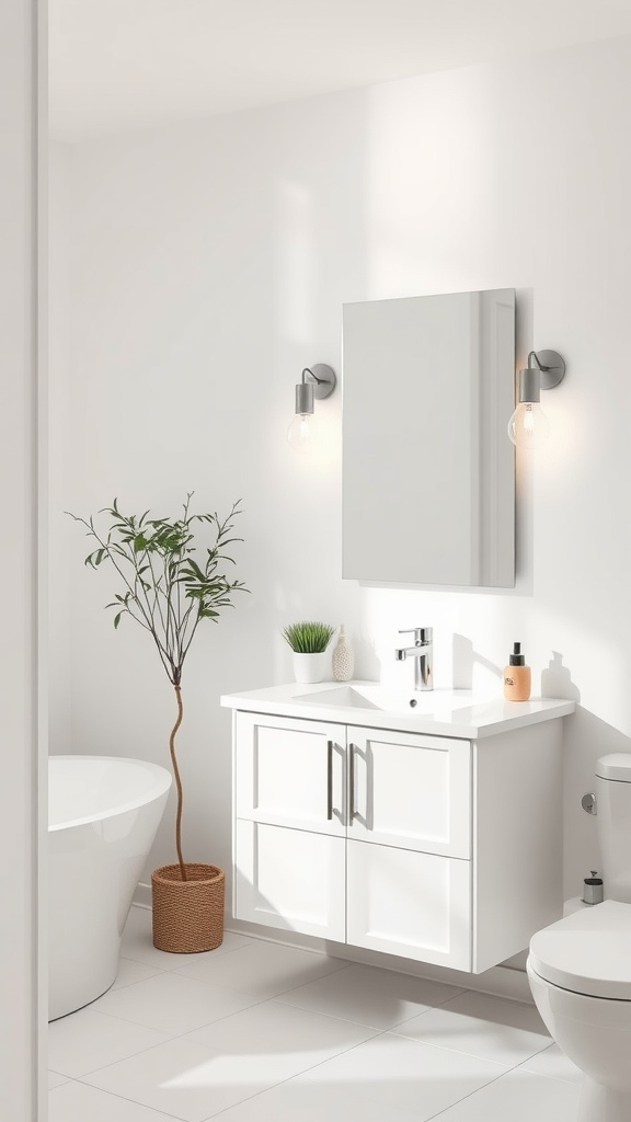 Modern bathroom with white vanity and contemporary lighting