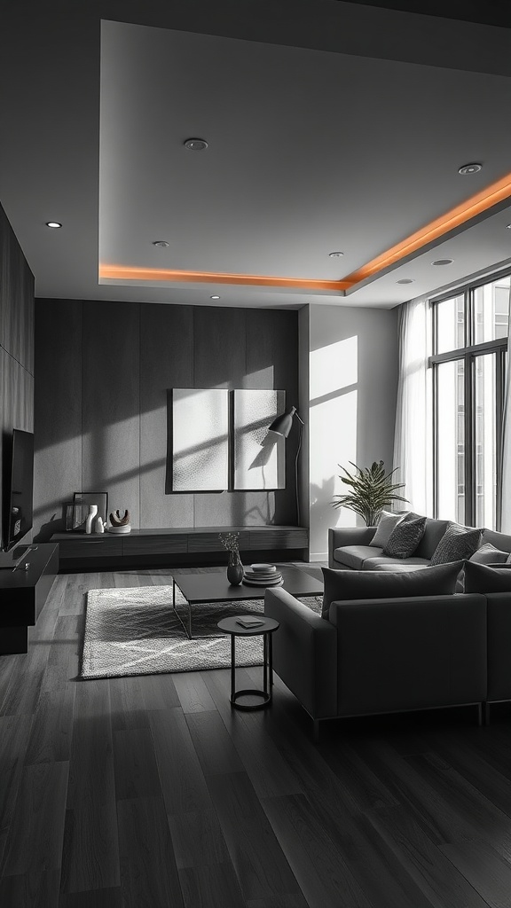 A modern living room featuring contrast lighting with warm ceiling lights and cool-toned furniture.