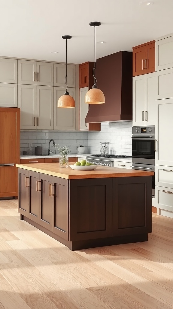 A kitchen featuring contrasting island cabinets with a dark island and light upper cabinets, showcasing stylish light fixtures and a warm wood countertop.