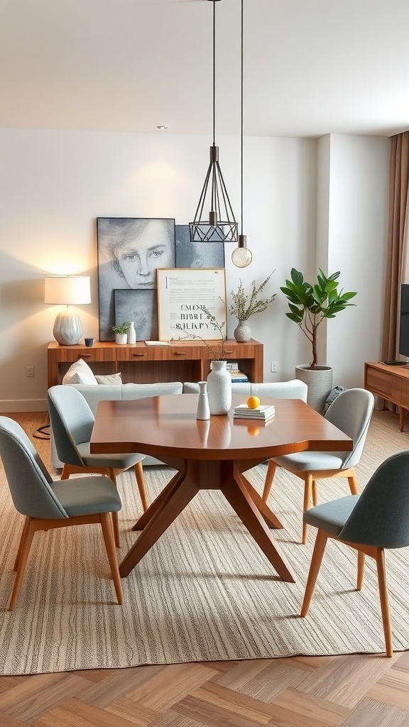 A stylish convertible dining table in a small dining nook with modern chairs and decor