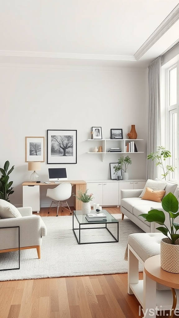 A convertible living room office featuring a desk, chair, plants, and shelves in an inviting space.