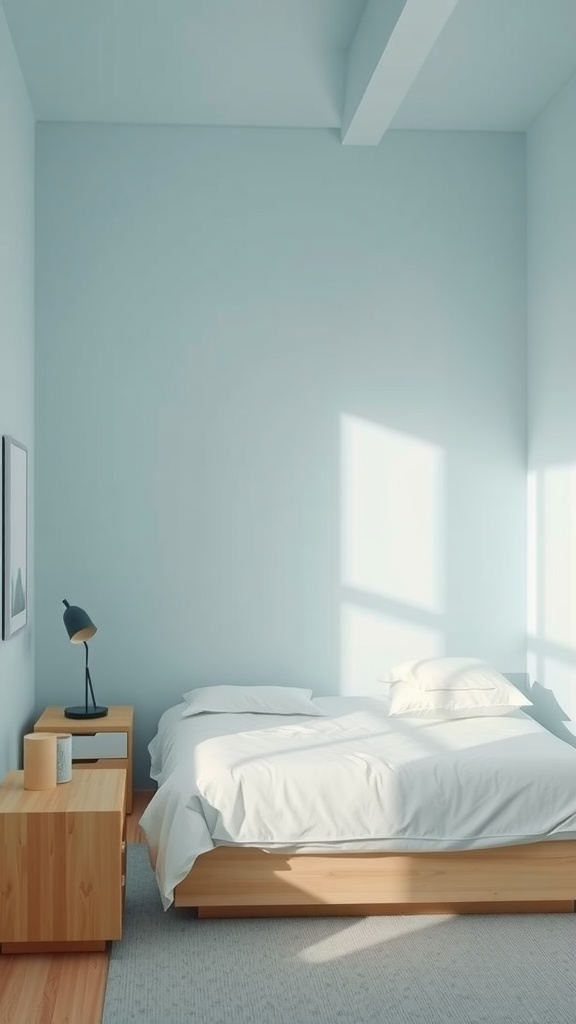A small bedroom with light blue walls, a bed with white bedding, and wooden furniture.