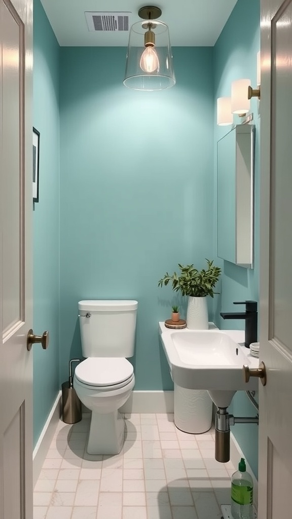 A small bathroom with cool mint walls, white fixtures, and a stylish light fixture.