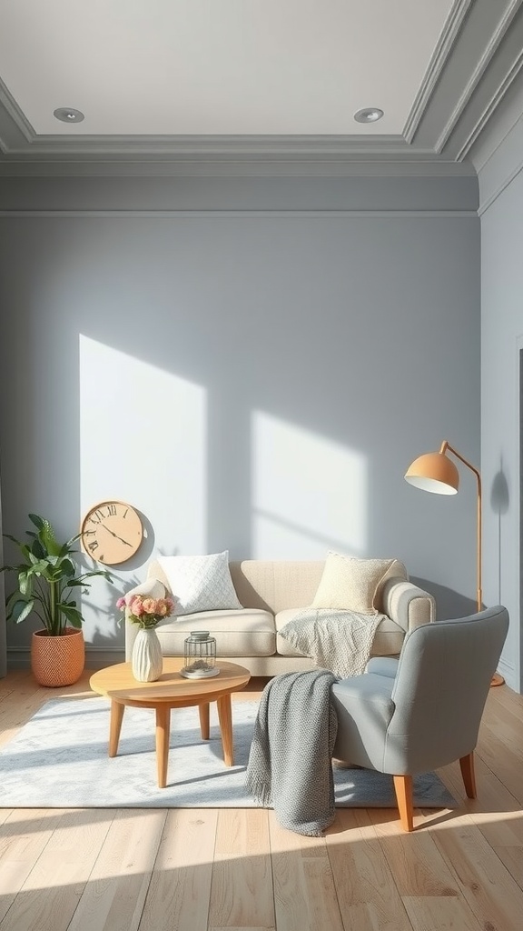 A serene living room painted in Cool Mist blue-gray with a cozy sofa, armchair, and warm wooden accents.